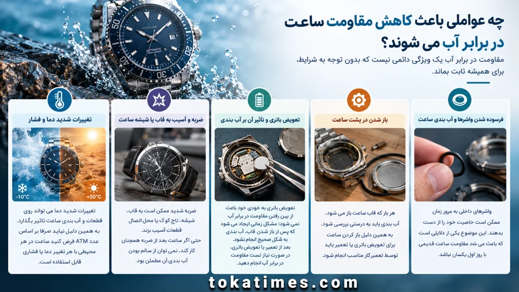 چه چیز هایی باعث کاهش مقاومت ساعت در برابر آب میشه؟